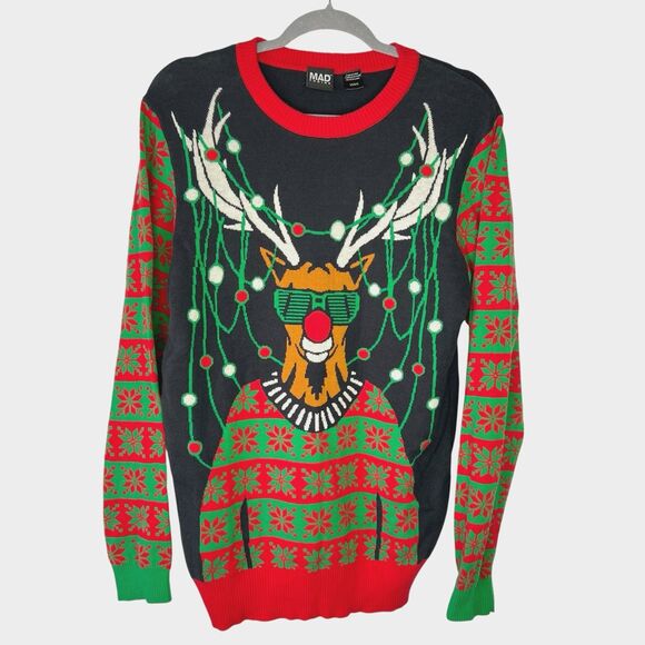 Mad Engine Rudolph Sunglass Snow Holiday Christmas Funky Sweater Size Large - Picture 1 of 14